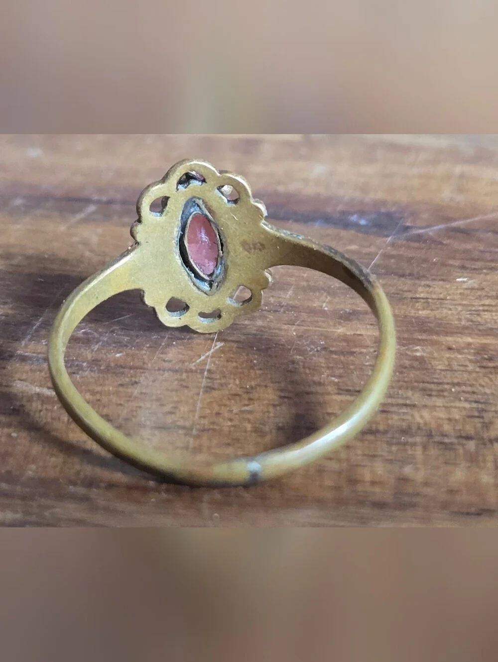 Vintage Copper Tone Pink Marquise Stone Filigree Ring Size 5 POR000009